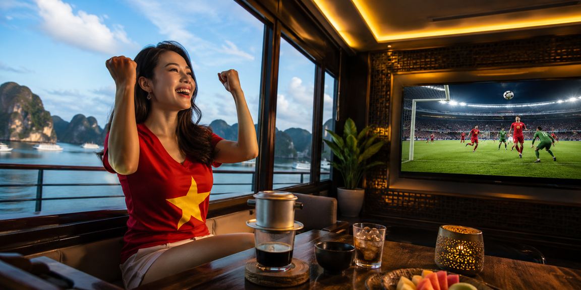 Người dùng thưởng thức cà phê nhìn ra vịnh Hạ Long trong khi theo dõi kèo cá cược trực tuyến